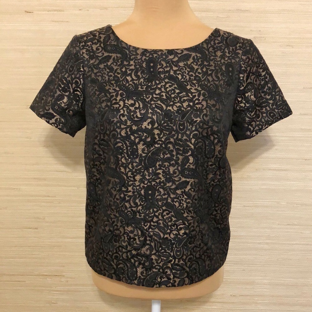 Women’s Elegant Black Golden Bronze Lace Embroidered Short Sleeve dress Top